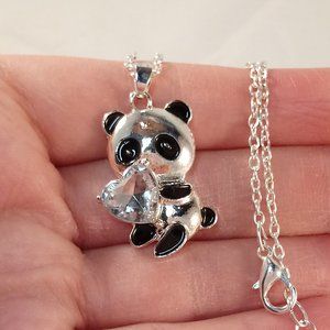 Silver Plated White Heart Diamond Zircon Panda Pendant Necklace 2.41ctw Gift